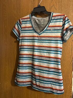 Ariat Womens Striped V-Neck Top in Teal, Orange, Gray